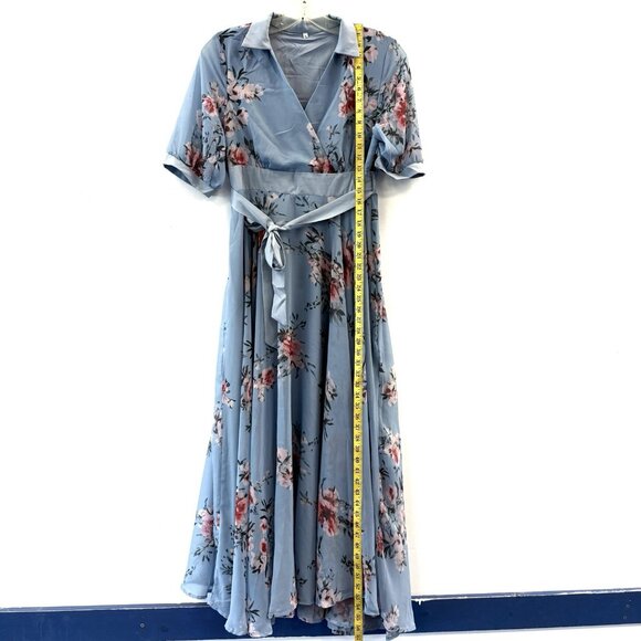 NWOT Womens Blue Floral Gown Dress Empire Waist Chiffon Size XL Crossover Front - Picture 3 of 12